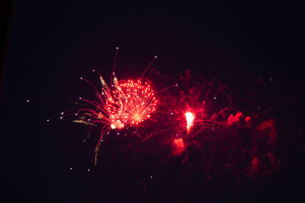 istock Red festive fireworks in the dark night sky 1317388760