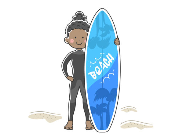 illustrazioni stock, clip art, cartoni animati e icone di tendenza di illustrazione di una donna in muta con una tavola da surf. - one person white background swimwear surfboard