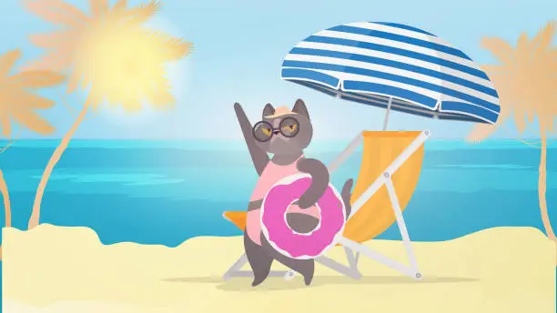 Vector illustration of Funny cat with a pink swimming circle. Deckchair, umbrella. Cat in glasses and a hat. Good for stickers, cards and t-shirts. Funny banner on the theme of summer. Vector.
