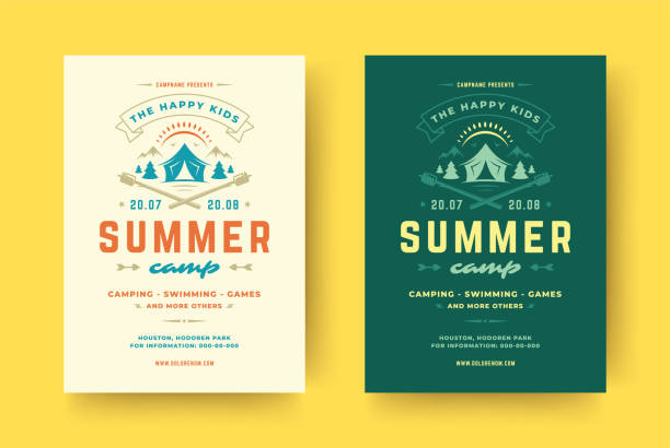 Kids summer camp poster or flyer event retro typography design template and forest lanscape and tent background Kids summer camp poster or flyer event retro typography design template and forest lanscape and tent background. Vector illustration. summer camp stock illustrations