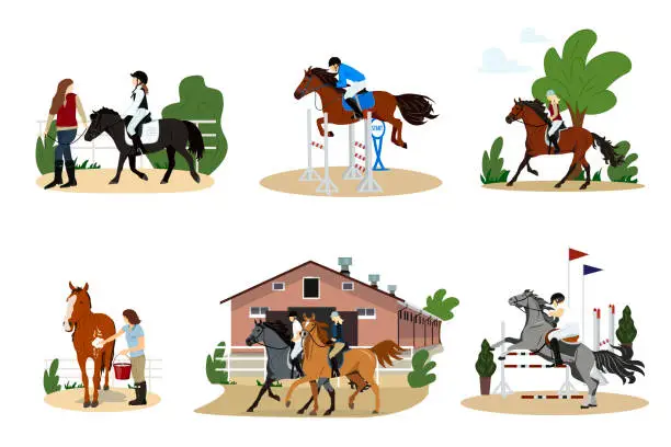 Vector illustration of Gathering of people on horseback. A group of cute men, women and children practicing horse riding or equestrian sports, taking care of their pets. Flat cartoon colorful vector illustration.