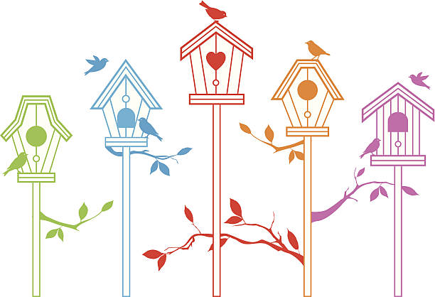 ilustraciones, imágenes clip art, dibujos animados e iconos de stock de linda pájaro casas - birdhouse animal nest bird tree