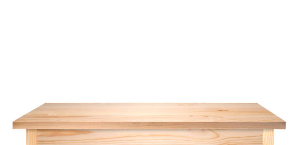 istock Wooden pine table or tabletop isolated on white. Light brown table as template for ideas, high resolution long picture. 1317396569