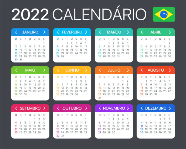 2022 캘린더 - 벡터 템플릿 그래픽 일러스트레이션 - 브라질 버전 - 포르투갈어 일러스트 stock illustrations