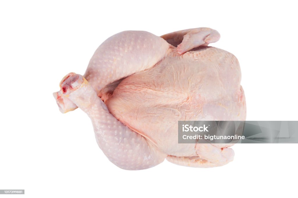 Fresh raw chicken isolated on white background with clipping path.  Top view. Whole fresh chicken isolated. Chicken Meat Stock Photo