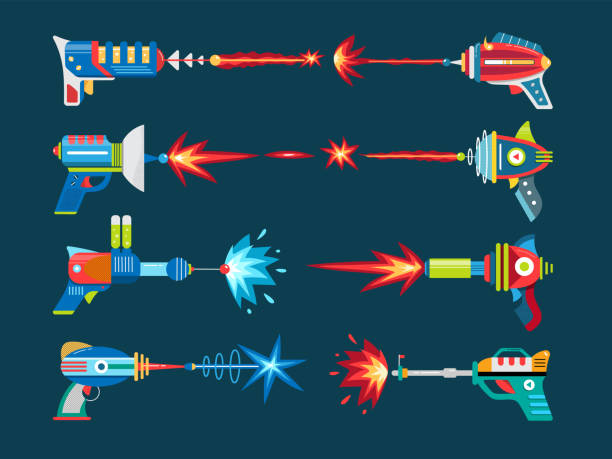 Cartoon blaster  laser gun vector weapon set Blaster vector set. Cartoon weapon for space game. Laser gun collection. Set of child futuristic toys.Â Laser weapon. Cosmic army ray gunÂ bundle.Â Isolated on black background. detonator stock illustrations