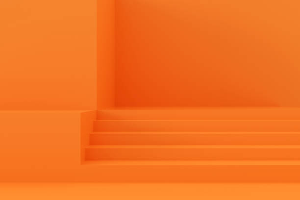 istock Empty Product Stand, Platform, Podium with Staircase, Minimal Design, Orange Color Background 1317401367
