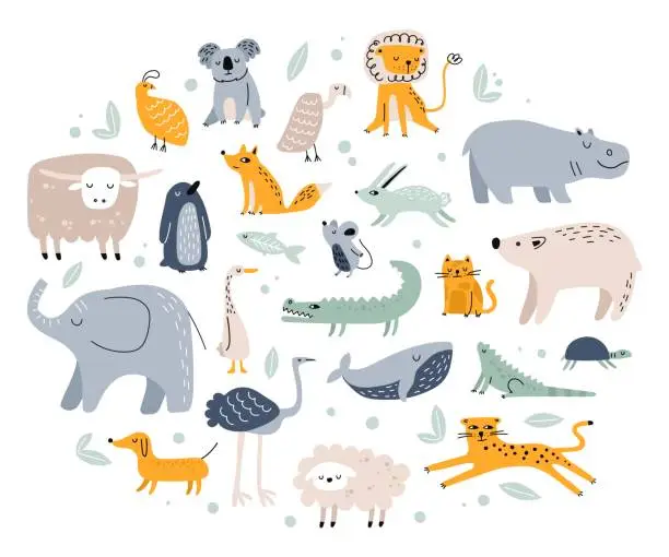 Vector illustration of Scandinavian animals. Cute childish fox, elephant, bear, crocodile, rabbit, cat. Hand drawn forest and jungle animal doodles for kids vector set