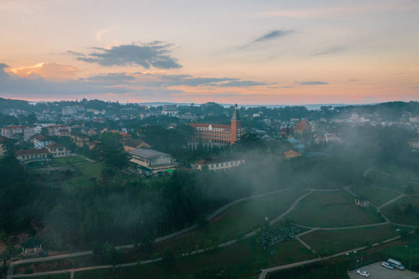 Drone view of Da Lat city from above, view to Da Lat Teacher College. Dalat, Lam Dong province, central highlands Vietnam