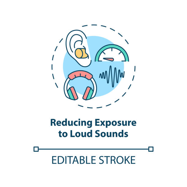 Reducing exposure to loud sounds concept icon Reducing exposure to loud sounds concept icon. Hearing loss prevention idea thin line illustration. Equipment noise reduce. Workplace safety. Vector isolated outline RGB color drawing. Editable stroke ear plug stock illustrations