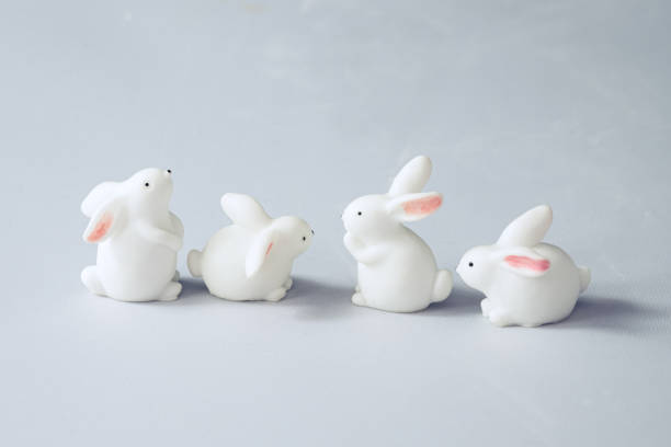 istock Close up four miniature white rabbits pose in different action on white 1317402503