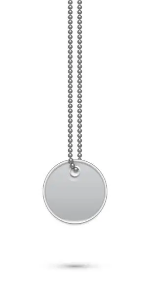 Vector illustration of Empty round silver military or dogs badge hanging on steel chain. Vector army object isolated on white background. Pendant with blank space for identification, blood type in case of death and injury.