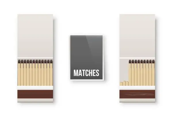 Vector illustration of Open and closed matchboxes with matches. Boxes with heap of flammable matches. Kitchen house equipment vector illustration. Design of used package with scratches on white background