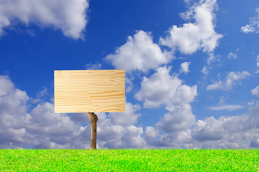 Blank wooden board standing on the hill against blue sky.