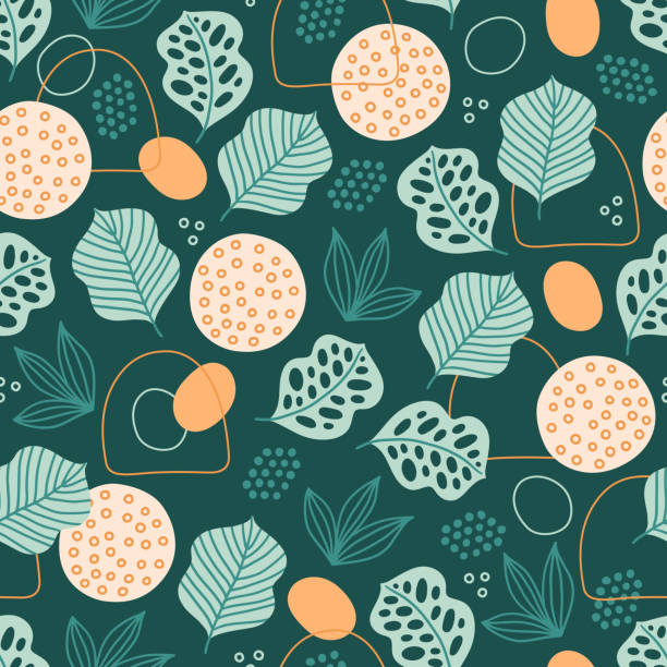 Summer seamless pattern with tropical leaves, lines, circles, dots Summer seamless pattern with tropical leaves, lines, circles, dots on dark green background. Perfect for wallpaper, wrapping paper, greeting cards. Scandinavian style. Hand drawn vector illustration jungle leaf pattern stock illustrations