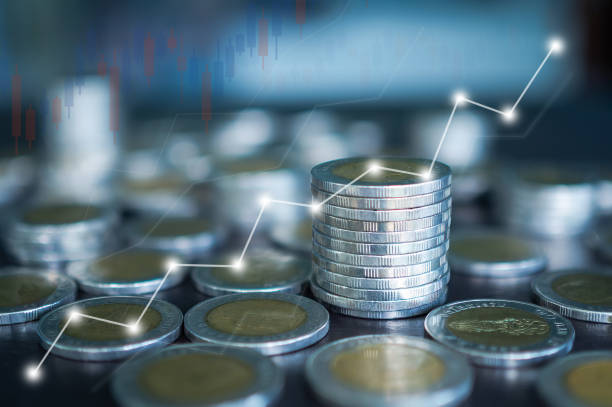 istock Bar graph stock market, forex trading with stack coin 1317406971