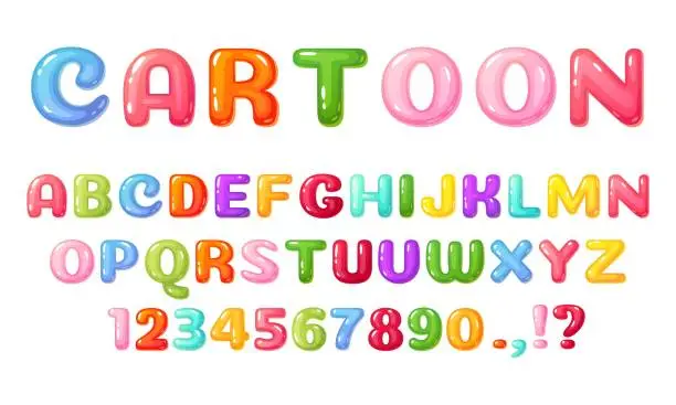 Vector illustration of Cartoon kids font. Colorful comic alphabet for children. Cute childish bubble letters and numbers, glossy candy or jelly kid book lettering vector