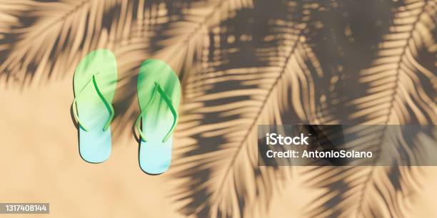 Flip Flops On Beach Sand With Palm Tree Shadow Summer Time Stock Photo - Download Image Now