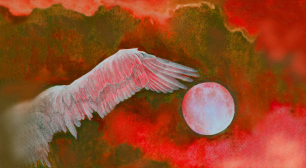 Illustration painting watercolor full moon wing flying free bird on the background of the night reddish sky with clouds Artistic illustration modern artwork allegory of flight fantastic landscape painting red watercolor on paper impressionism full moon wing flying free bird on the background of the reddish sky with clouds red full moon stock illustrations