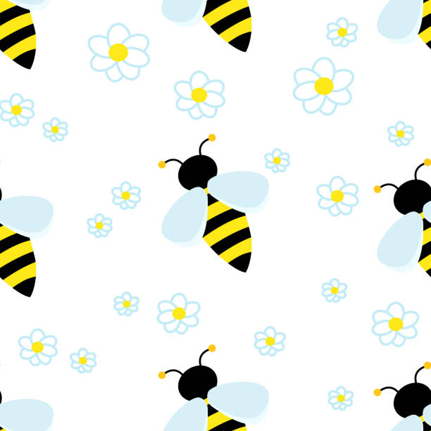 Cute striped Bee around white flowers chamomile. Vector Seamless pattern. Cute striped Bee around white flowers chamomile. Vector Seamless pattern. Children repeating pattern with bee in meadow. hornet swarm stock illustrations