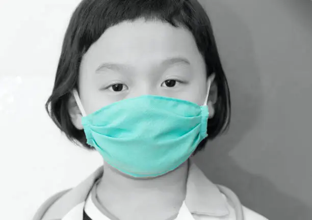 Photo of high key style isolated green colour surgical protect mask on asia kid doctor dress face ,look at camera ,headshot portrait