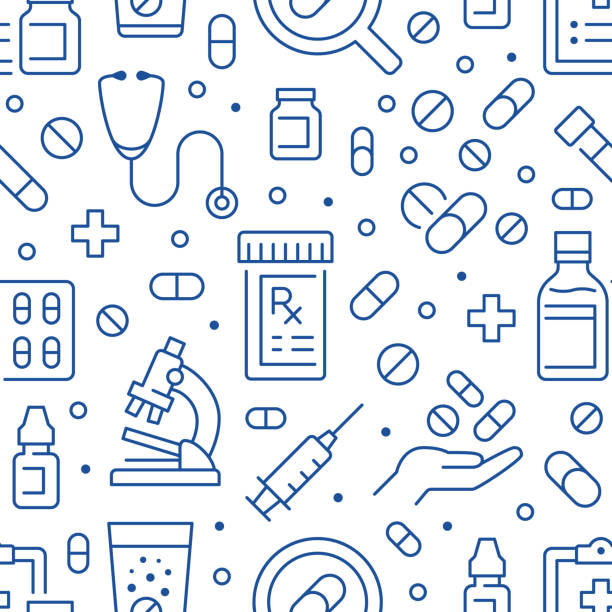 устойчивость к антибиотикам синий бесшовный шаблон. вектор фон включены линии значки, как бутылка, рука, микроскоп, лекарства, шприц, рецепт - аптека stock illustrations