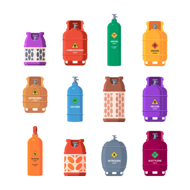 Steel tanks. Gas oil cylinder industry container with valves garish vector colored illustrations collection Steel tanks. Gas oil cylinder industry container with valves garish vector colored illustrations collection. Container for gas fuel, flammable canister gas cylinder stock illustrations