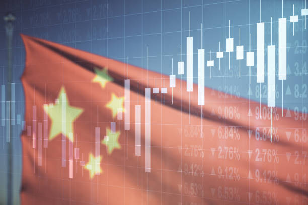 istock Multi exposure of virtual abstract financial graph interface on Chinese flag and sunset sky background, financial and trading concept 1317418212