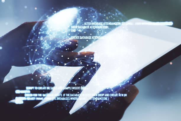 istock Multi exposure of abstract software development hologram with world map and finger presses on a digital tablet on background, global research and analytics concept 1317418223