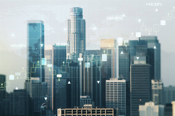istock Abstract creative financial graph interface and world map on Los Angeles skyline background, forex and investment concept. Multiexposure 1317418235