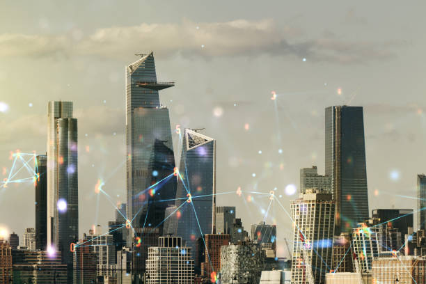 istock Abstract virtual wireless technology hologram on New York city skyline background. Big data and database concept. Multiexposure 1317418257