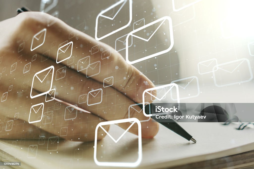 Creative abstract postal envelopes sketch with hand writing in notepad on background, e-mail and marketing concept. Double exposure E-Mail Stock Photo