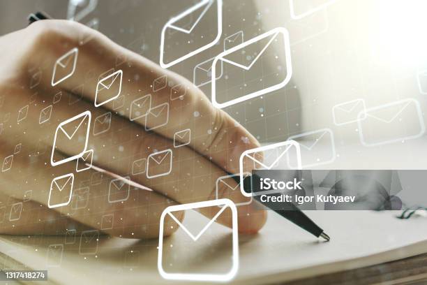 Creative Abstract Postal Envelopes Sketch With Hand Writing In Notepad On Background Email And Marketing Concept Double Exposure Stock Photo - Download Image Now