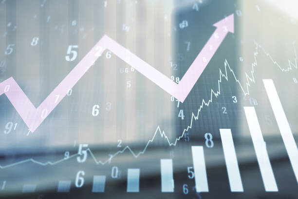 istock Abstract virtual financial graph hologram and upward arrow on blurry modern office building background, forex and investment concept. Multiexposure 1317418283