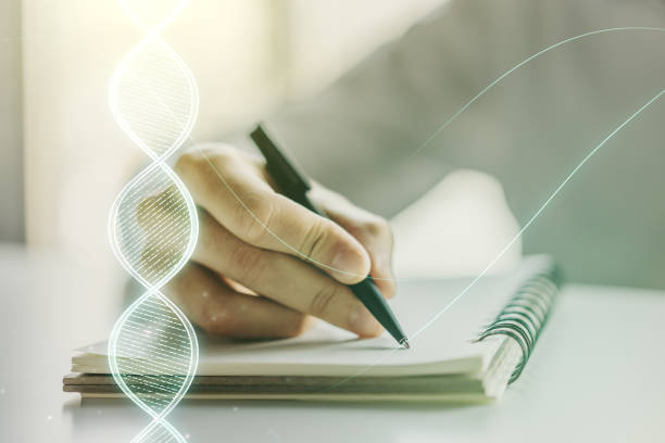 istock Creative concept with DNA symbol illustration and man hand writing in notebook on background. Genome research concept. Multiexposure 1317418366