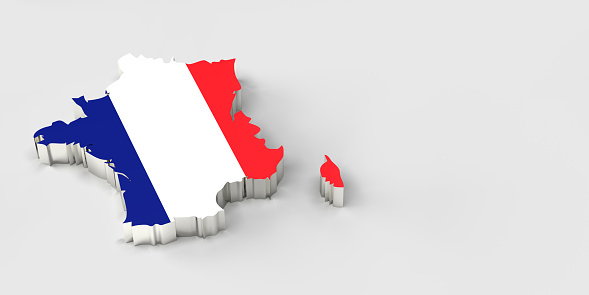 3D rendered, silver color bevel French map with national flag on white background with large copy space.