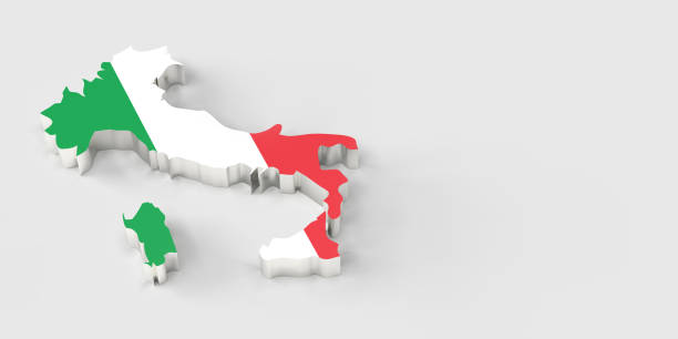 3D rendered, silver color bevel Italian map with national flag on white background with large copy space.