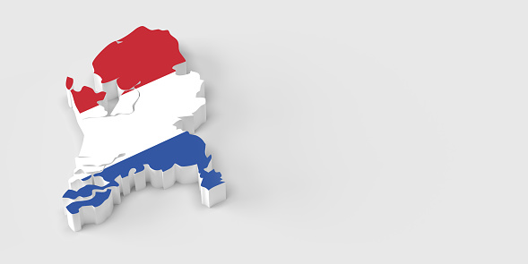 3D rendered, silver color bevel Dutch map with national flag on white background with large copy space.