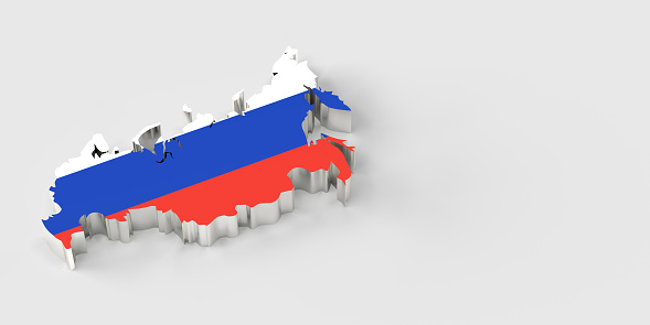 3D rendered, silver color bevel Russian map with national flag on white background with large copy space.