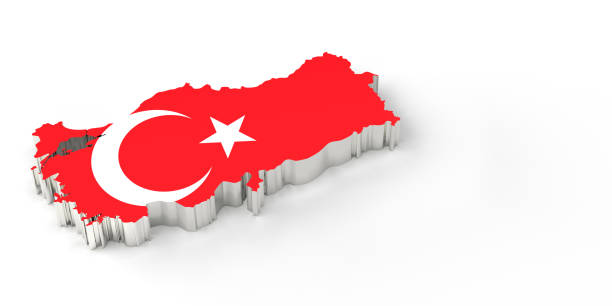 3D rendered, silver color bevel Turkish map with national flag on white background with large copy space.