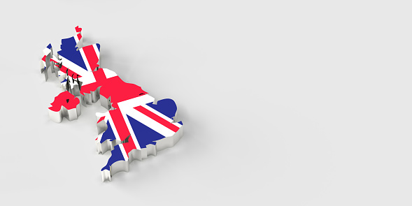 3D rendered, silver color bevel British map with national flag on white background with large copy space.