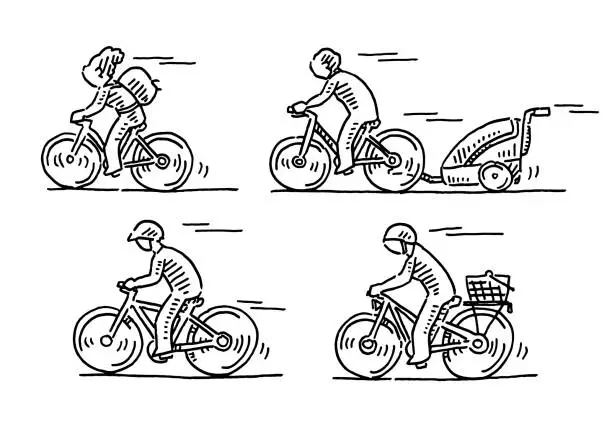 Vector illustration of Group Of Human Figures On Bicycles Drawing