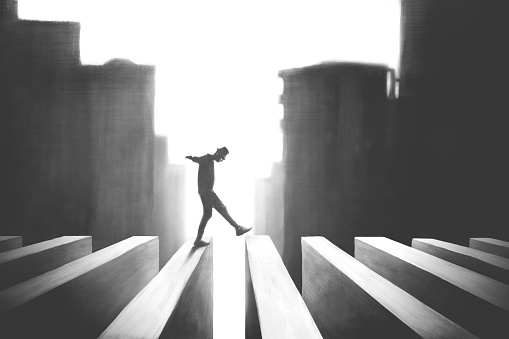 illustration of man crossing surreal road, risk concept black and white