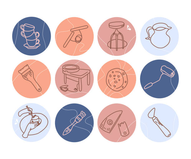 clay crafting blog lub sklep. okrągłe ręcznie rysowane podkreśla dla mediów społecznościowych w stylu doodle. narzędzia do modelowania ceramiki i rzeźby. - earthenware stock illustrations