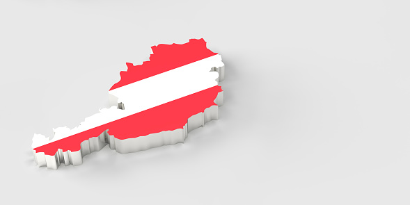 3D rendered, silver color bevel Austria map with national flag on white background with large copy space.