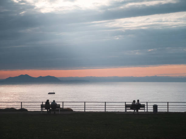 istock couples watching the sea at the sunset in park with benches 1317419977