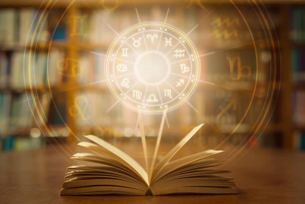 istock Horoscope astrology, Zodiac sign and constellation study for foretell and fortune telling education course concept with horoscopic wheel over old book in school library. 1317420846