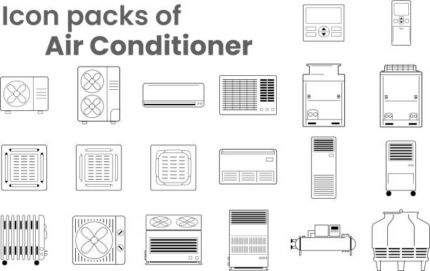 Icon packs of outline vector of HVAC Vector Icon packs of Air conditioners various type as symbol-block-line-outline. Various objects of air conditioners-condensing fan coil indoor-outdoor unit ceiling mount wall mount and remote control cooling tower stock illustrations