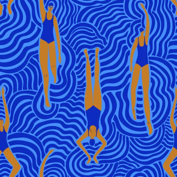 Vector illustration of Swimming women in surreal waves seamless pattern
