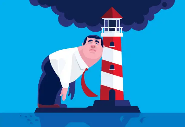 Vector illustration of businessman leaning on lighthouse with black cloud covering